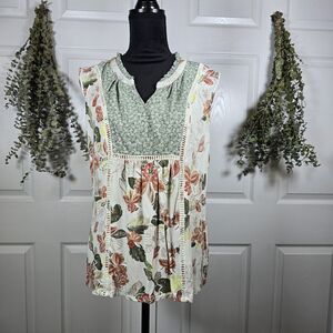 My Danielle Womens Large Floral Sleeveless Blouse Green Cream Mixed Print Boho